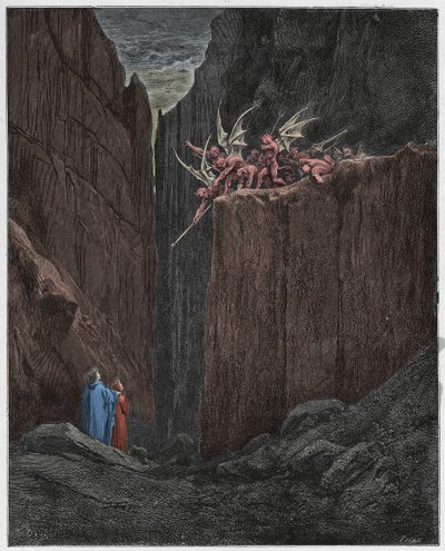 Inferno, Canto 23: De dichters ontsnappen aan de demonen van de vijfde bolgia, illustratie uit De Goddelijke Komedie van Dante Alighieri, 1885 (digitaal ingekleurde gravure) door Gustave after Dore